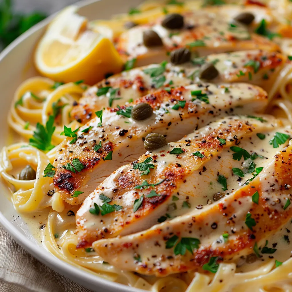 A plate of chicken with lemon and olive on top.