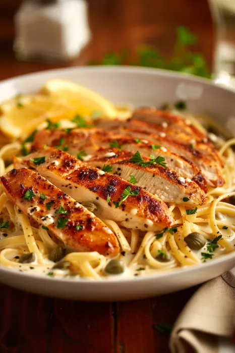 A plate of food with chicken and noodles.