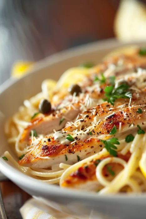 A plate of food with chicken and pasta.