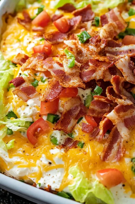 Bacon and tomatoes on top of a cheese and tomato casserole.