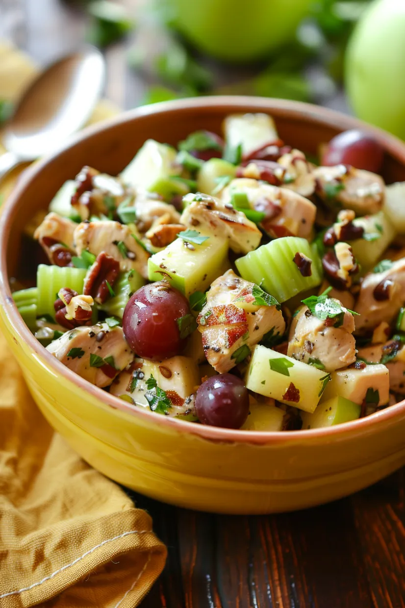 A bowl of food with grapes and chicken.