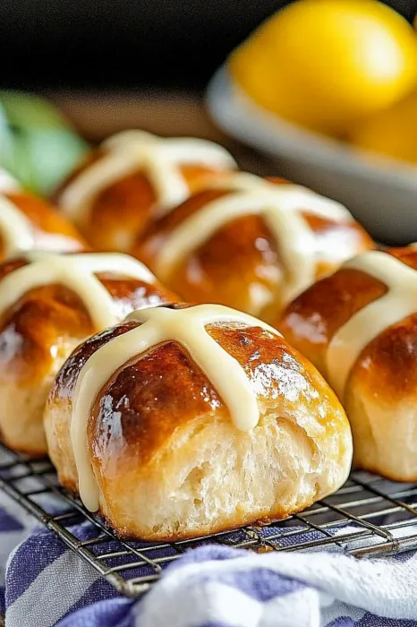 A tray of bread with white icing.