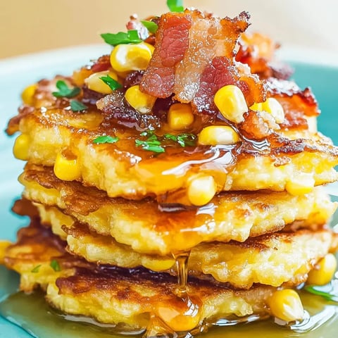 A stack of golden corn pancakes topped with bacon bits, corn kernels, and drizzled with syrup, served on a blue plate.