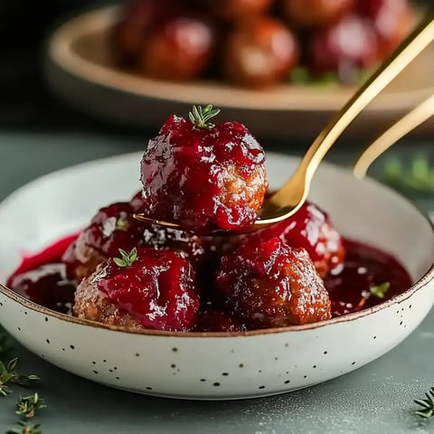 A close-up of a bowl of meatballs covered in a rich, dark red sauce, garnished with a sprig of thyme.