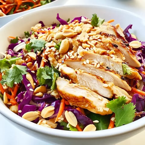 A colorful salad bowl featuring sliced grilled chicken, purple cabbage, carrots, and topped with peanuts, sesame seeds, and fresh cilantro.