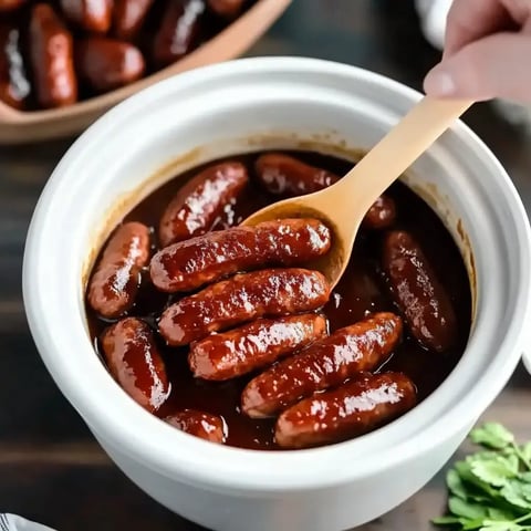 A close-up of a white slow cooker filled with glossy sausages and a wooden spoon, with a bowl of sausages in the background.