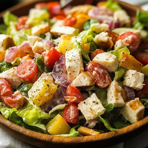 A vibrant salad in a wooden bowl featuring mixed greens, diced chicken, colorful tomatoes, and chunks of pineapple and bell peppers.