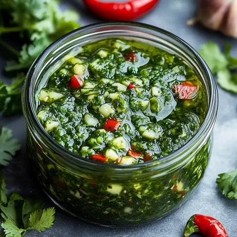 A jar filled with vibrant green salsa verde, featuring bits of herbs, chopped vegetables, and red chili pepper, surrounded by fresh cilantro and a garlic bulb.