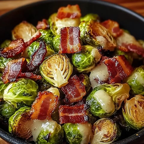 A close-up of roasted Brussels sprouts topped with crispy bacon and a creamy sauce in a black bowl.