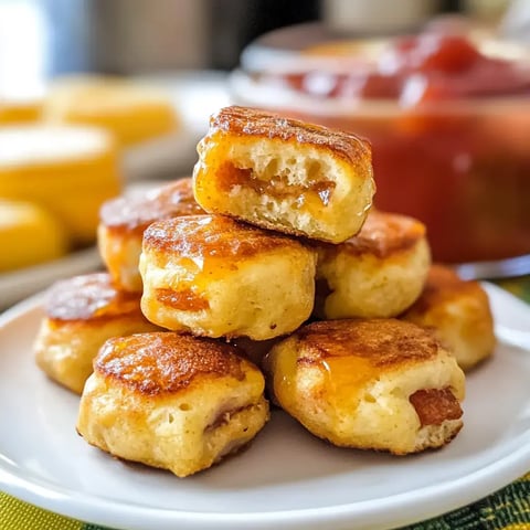 A close-up image of a stack of golden-brown, fried bite-sized snacks with a partially visible filling, served on a white plate.