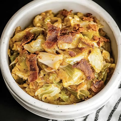 A bowl of cooked cabbage and greens topped with crispy bacon.