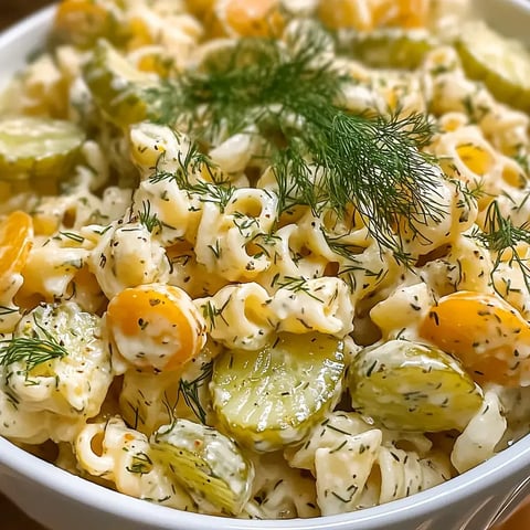 A close-up of a creamy pasta salad with spiral noodles, pickles, and orange slices, garnished with fresh dill.