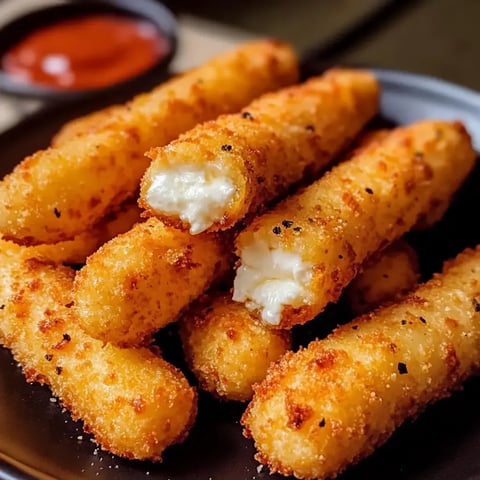 A close-up of crispy, golden breaded cheese sticks on a plate, with one stick partially broken to reveal melted cheese inside, accompanied by a small bowl of dipping sauce.