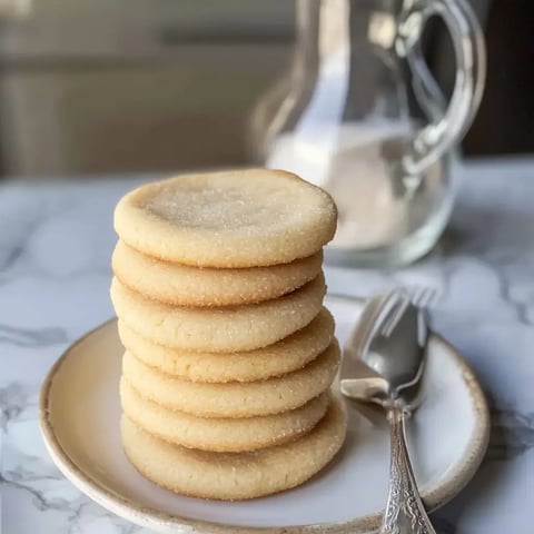 A stack of seven round, sugar-coated cookies sits on a plate next to a fork, with a glass pitcher of sugar in the background.