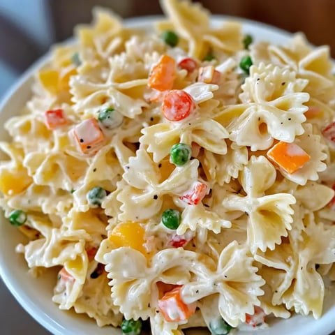 A close-up view of a bowl of creamy pasta salad featuring bowtie pasta, diced vegetables, and green peas.