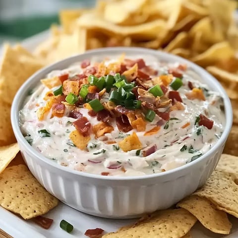 A bowl of creamy dip topped with bacon, green onions, and crunchy tortilla chips nearby.