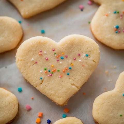 A close-up view of heart-shaped cookies adorned with colorful sprinkles on a baking sheet.