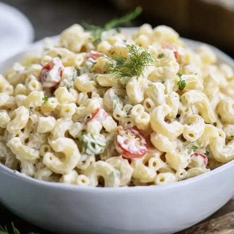 A bowl of creamy pasta salad with elbow macaroni, cherry tomatoes, and fresh herbs.