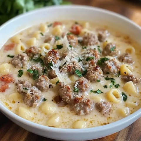 A bowl of creamy soup filled with small pasta, meatballs, diced tomatoes, and garnished with herbs and grated cheese.