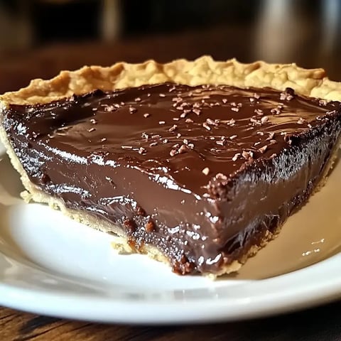 A slice of chocolate pie with a glossy filling and a crumbly crust, garnished with chocolate shavings.