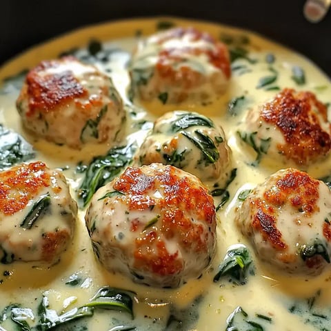 A close-up of six browned meatballs in a creamy sauce with spinach.