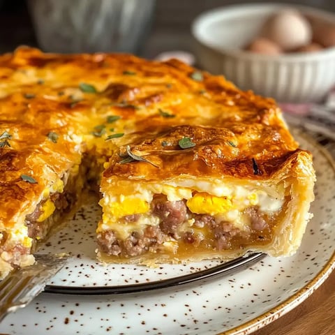 A slice of a golden-brown savory pie filled with layers of sausage, eggs, and cheese, placed on a speckled plate with a fork nearby.