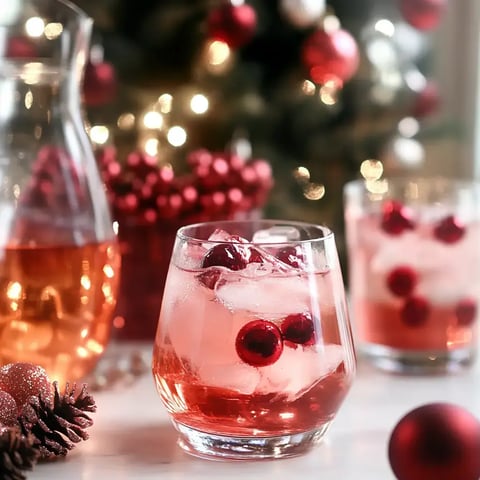 A festive arrangement featuring a glass of a pink drink with cranberries, ice, and a sparkling carafe in front of a decorated Christmas tree.