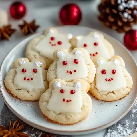 A plate of festive cookies shaped like cute bears, decorated with white icing, red candies for eyes, and glittery accents.