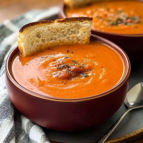 Two bowls of creamy tomato soup with a slice of toasted bread resting on the edge, garnished with herbs and spices.