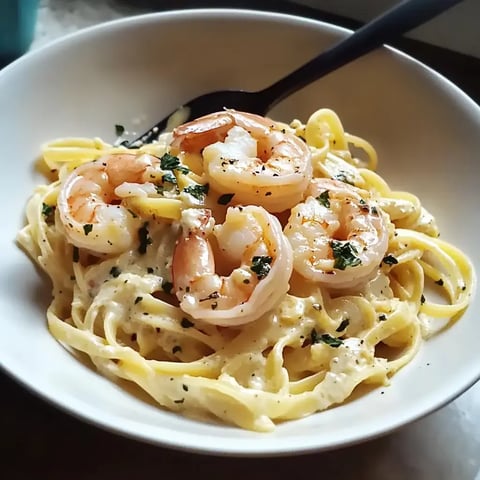 A bowl of fettuccine pasta topped with creamy sauce and large shrimp, garnished with parsley.