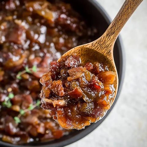 A wooden spoon holds a rich, chunky sauce made with meat and other ingredients, with a bowl of the sauce in the background.