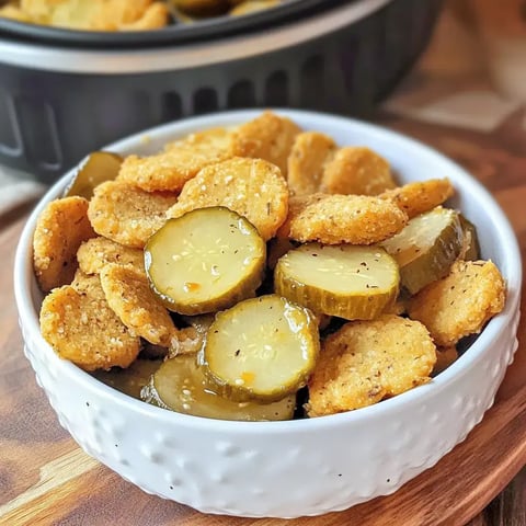 A bowl of fried pickles and crispy slices of breaded pickles served on a wooden surface.