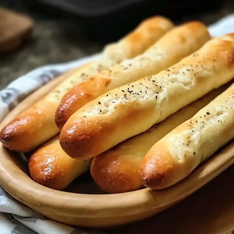 A basket filled with golden-brown breadsticks, garnished with black pepper.