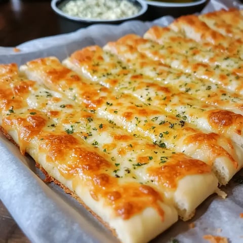 A close-up of cheesy breadsticks, golden-brown and garnished with parsley, served on parchment paper with dipping sauces in the background.