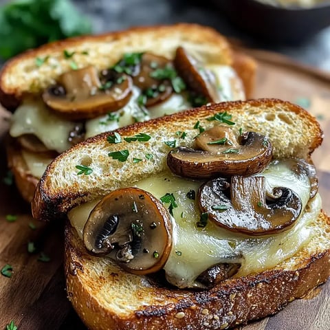 Two slices of toasted bread topped with melted cheese and sautéed mushrooms, garnished with chopped parsley.