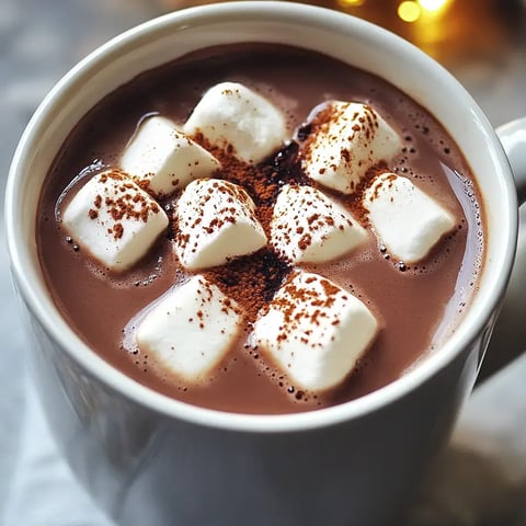 A close-up of a mug filled with hot chocolate topped with marshmallows and a dusting of cocoa powder.