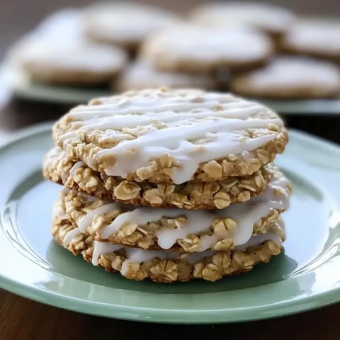 A stack of three glazed oatmeal cookies on a green plate, with more cookies blurred in the background.