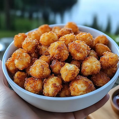 A hand holds a bowl filled with golden, crispy fried snacks.