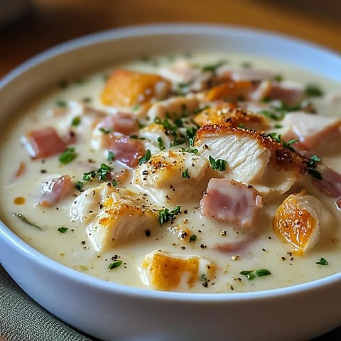 A close-up of a creamy soup featuring pieces of chicken, ham, and garnished with chopped herbs.