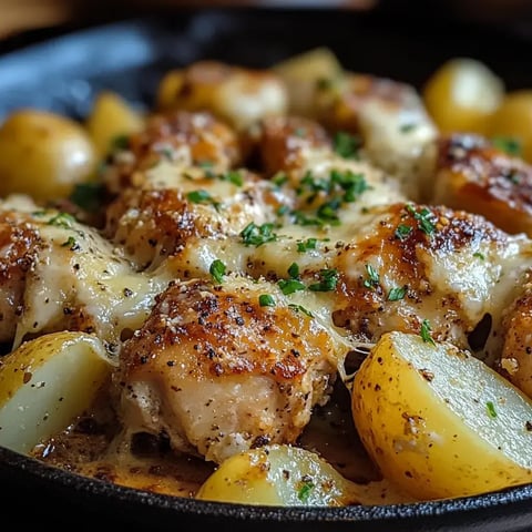 A close-up of a skillet dish featuring tender chicken pieces topped with melted cheese and garnished with chopped herbs, accompanied by golden roasted potatoes.