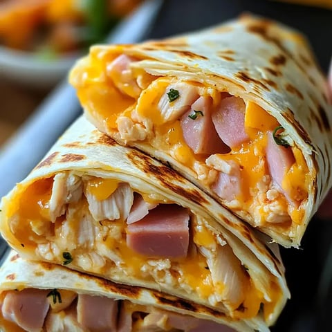 A close-up view of two stacked, grilled tortillas filled with shredded chicken, ham, and melted cheese.