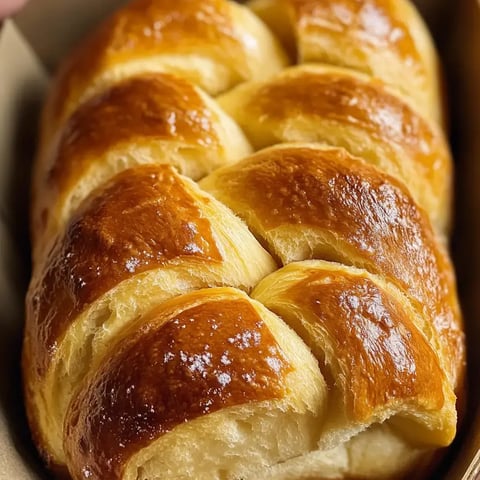 A freshly baked, glossy brioche loaf with a braided appearance.