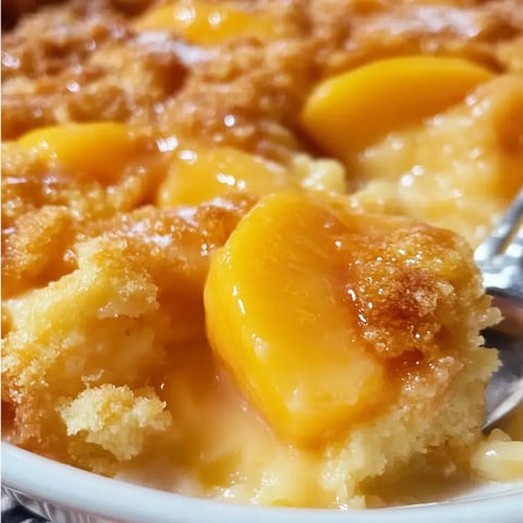 A close-up image of peach cobbler, featuring soft yellow peaches and a crumbly golden topping.