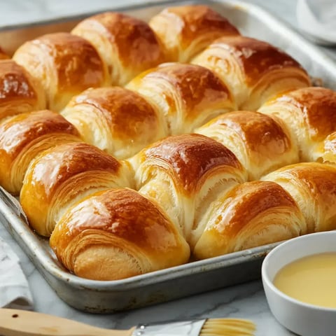 A pan of golden, freshly baked dinner rolls is displayed alongside a small bowl of melted butter.