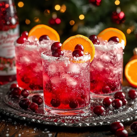 Three festive drinks with cranberries and orange slices are garnished with a sugared rim, set on a decorative tray surrounded by fresh cranberries, with a blurred holiday backdrop.