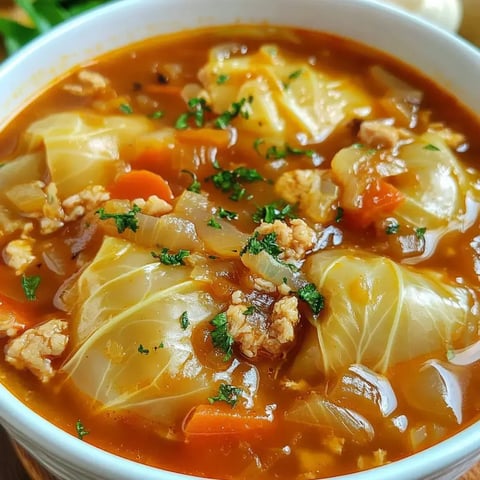 A bowl of cabbage soup containing meat, vegetables, and garnished with fresh parsley.