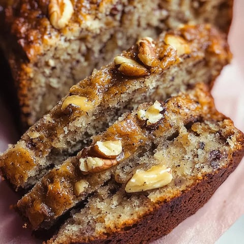 A close-up of sliced banana bread topped with chopped nuts.