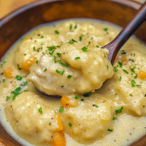 A close-up of a bowl of fluffy dumplings in a creamy sauce, garnished with fresh parsley and pieces of orange vegetables.