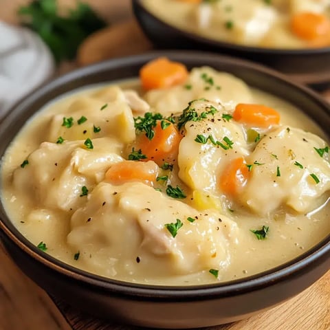 A bowl of creamy chicken and dumplings garnished with parsley and diced carrots.