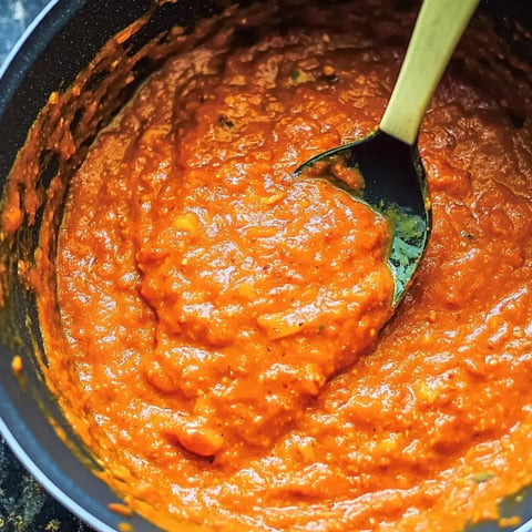 A close-up of a pot containing thick, orange tomato sauce with a spoon stirring in it.